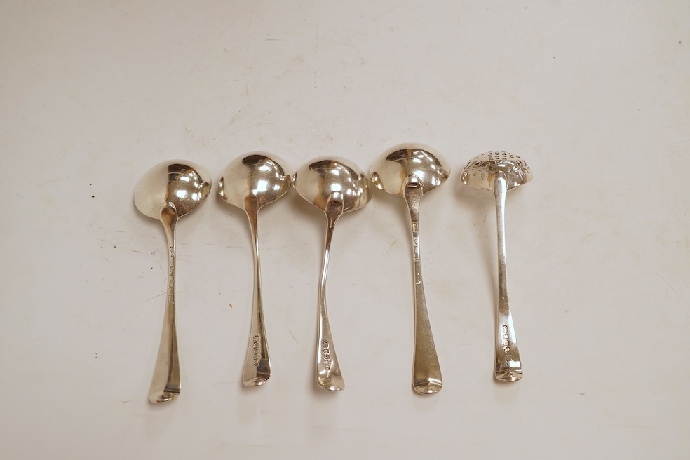 Two pairs of George III silver Old English pattern sauce ladles, Robert Sallam, London, circa 1770, 16.6cm and William Sumner I, London, 1788, together with a George III silver sifter spoon, by Eley & Fearn, London, 1796